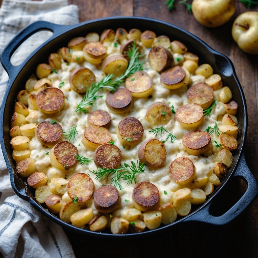 A sizzling skillet with layers of golden potatoes, crumbled sausage, and a creamy, bubbly cheese sauce.