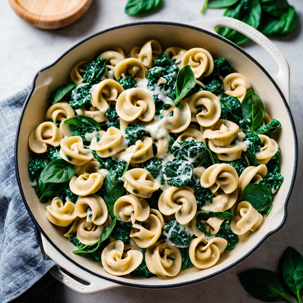 Golden skillet filled with creamy white sauce, green spinach, and cheese-topped tortellini