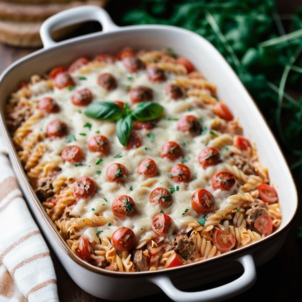 Golden-brown casserole in a baking dish with a layer of melted cheese on top and visible orzo and sausage.