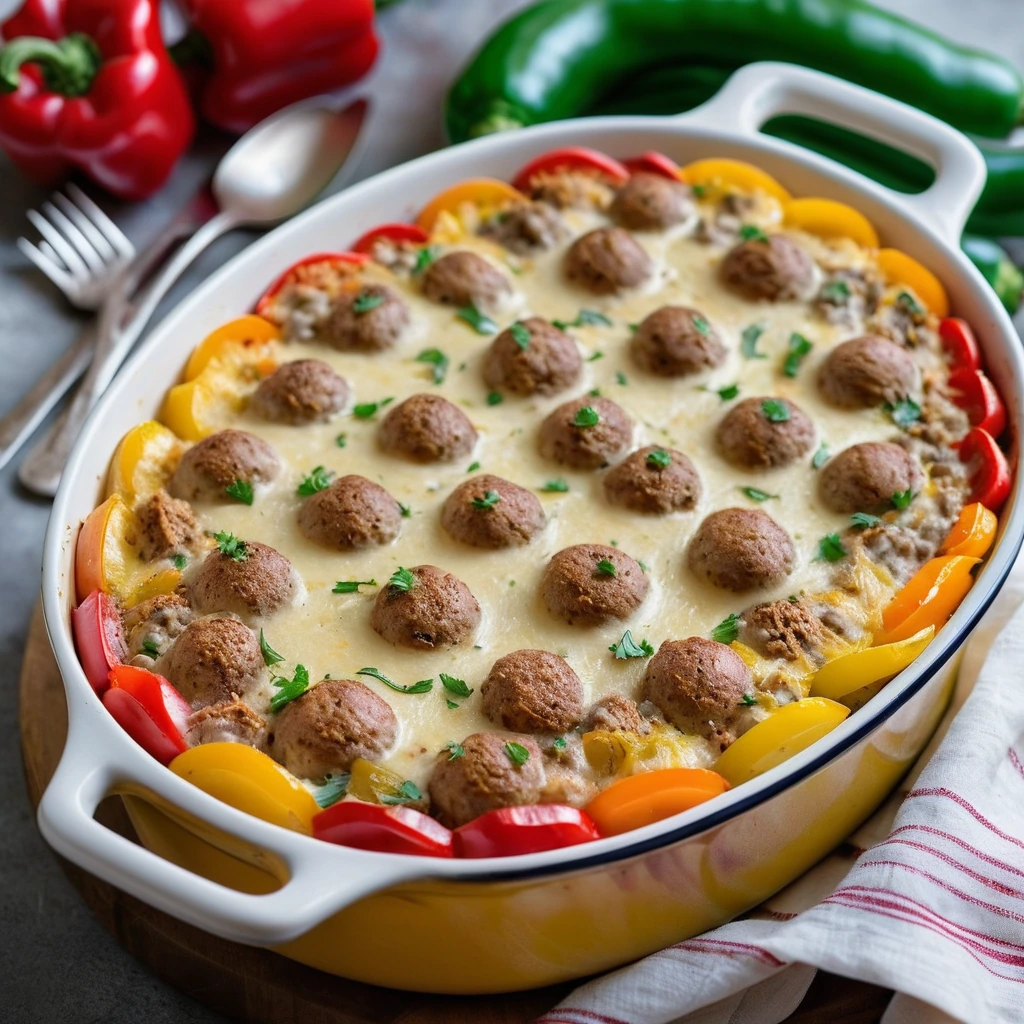 Golden casserole dish filled with creamy, cheesy layers of potato, sausage, and colorful bell peppers.