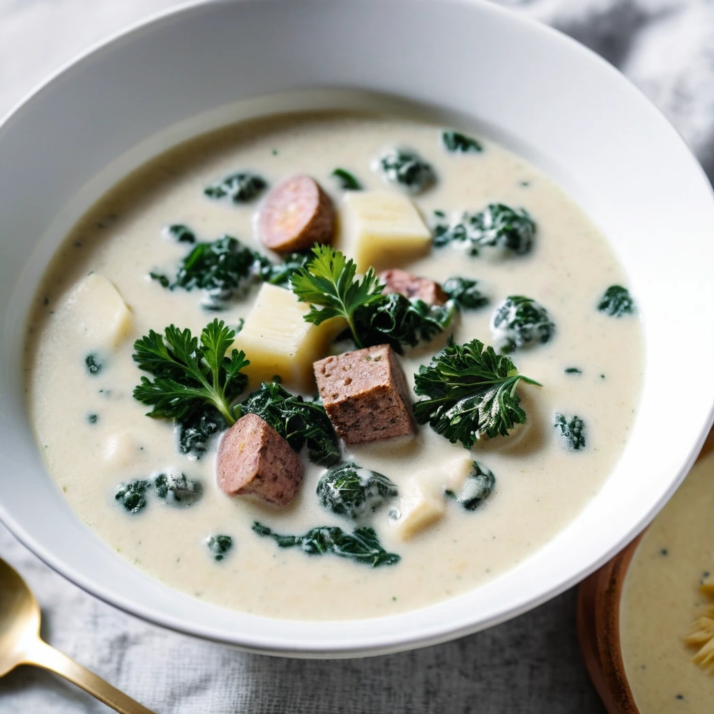 A steaming bowl of creamy soup with chunks of potato, green kale, and sliced sausage.