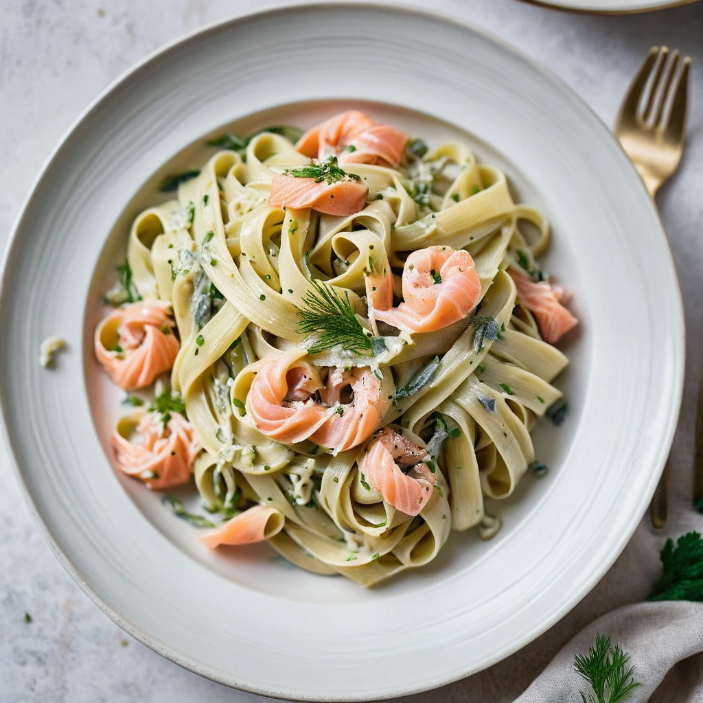 Golden pasta swirled with pink smoked salmon and green leeks in a creamy white sauce, garnished with fresh dill.