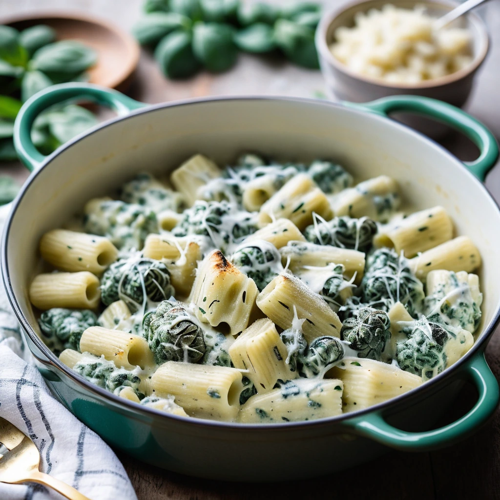 Baked gnocchi in a creamy sauce, topped with melted cheese and spinach in a golden casserole dish.