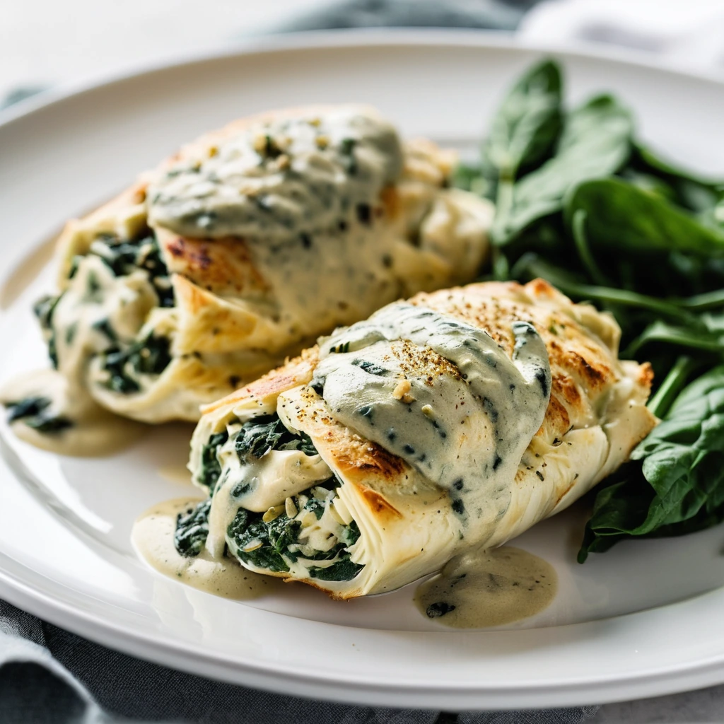 Two golden chicken breasts on a white plate, stuffed with green spinach and artichoke mixture, topped with melted cheese.