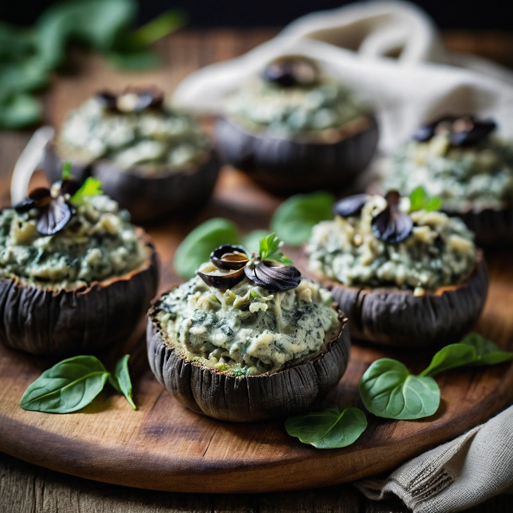 Large portobello mushrooms stuffed with a creamy green filling, golden and bubbly, arranged on a rustic wooden board.