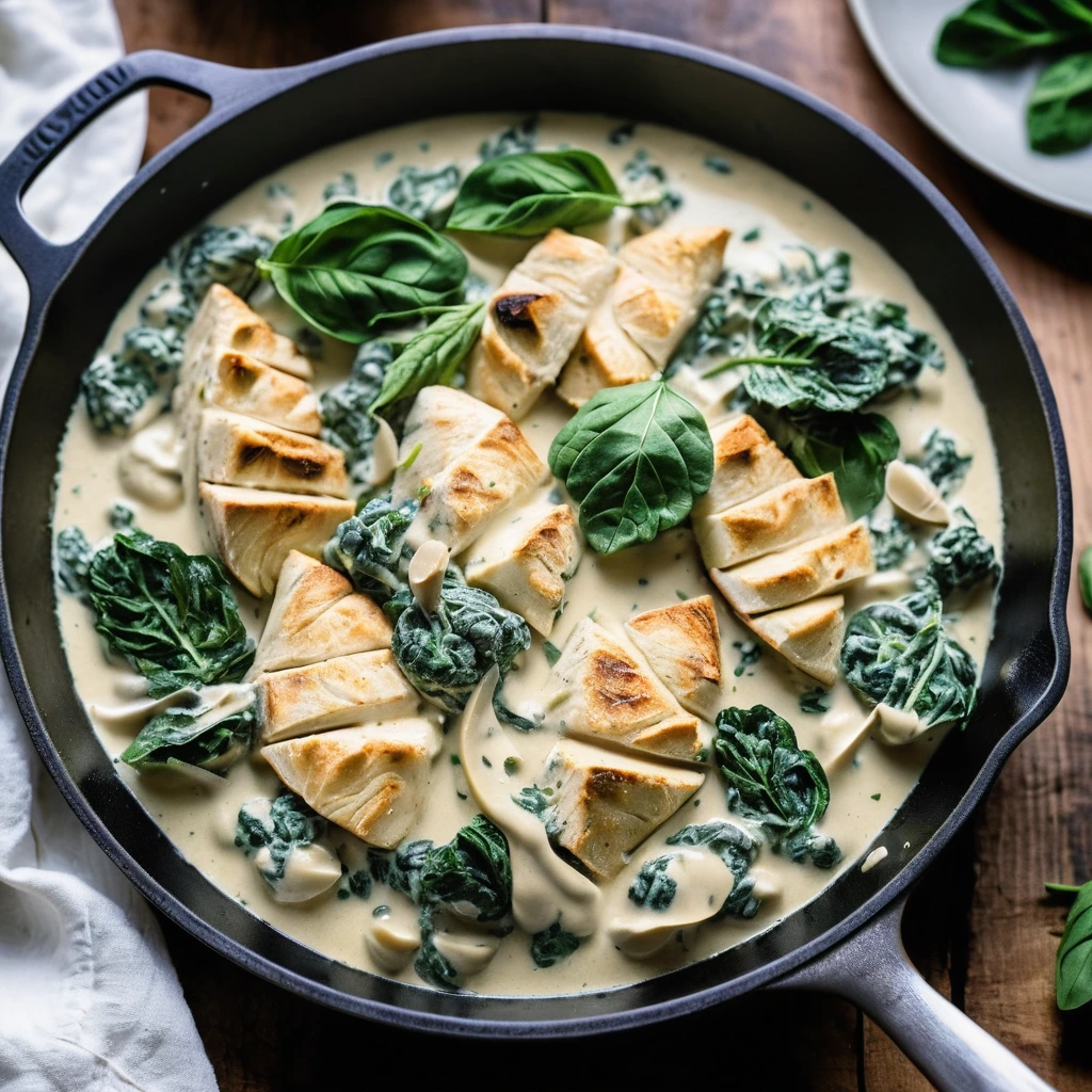 A skillet overflowing with creamy white sauce, tender chicken, vibrant green spinach, and whole artichoke hearts.