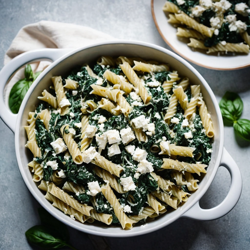 A golden-brown pasta bake in a baking dish with creamy layers of spinach and feta cheese peeking through.