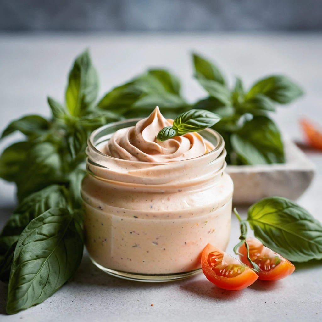 Creamy pinkish-orange mayo in a bowl with flecks of green basil