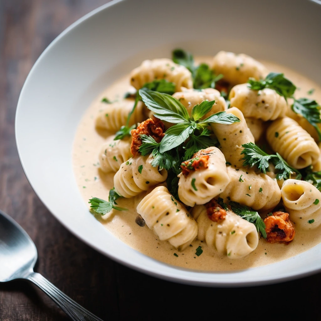 Creamy orange sauce with chicken and gnocchi in a large bowl, sprinkled with fresh parsley.