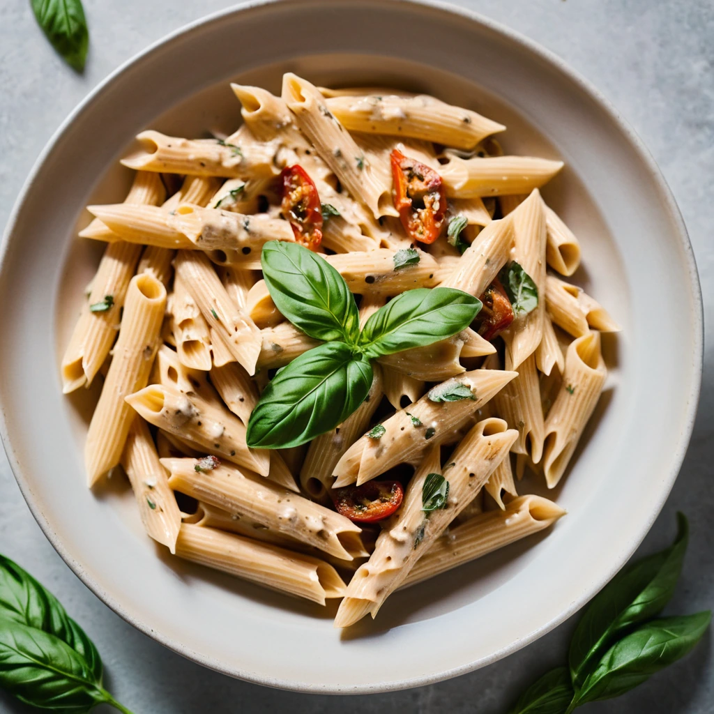 Penne pasta in a creamy orange sauce with chicken and sun-dried tomatoes, garnished with fresh basil.