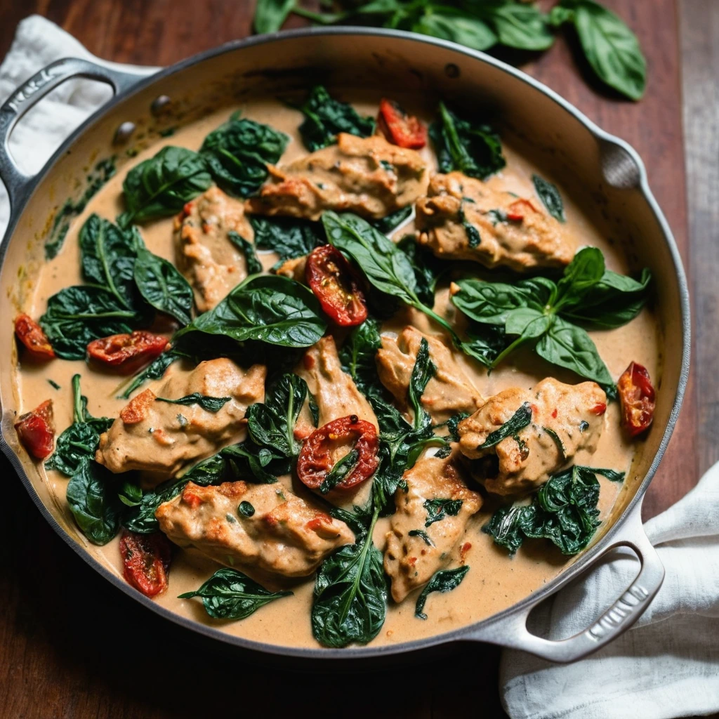 Chicken pieces in a creamy sauce with spinach and sun-dried tomatoes served in a skillet.