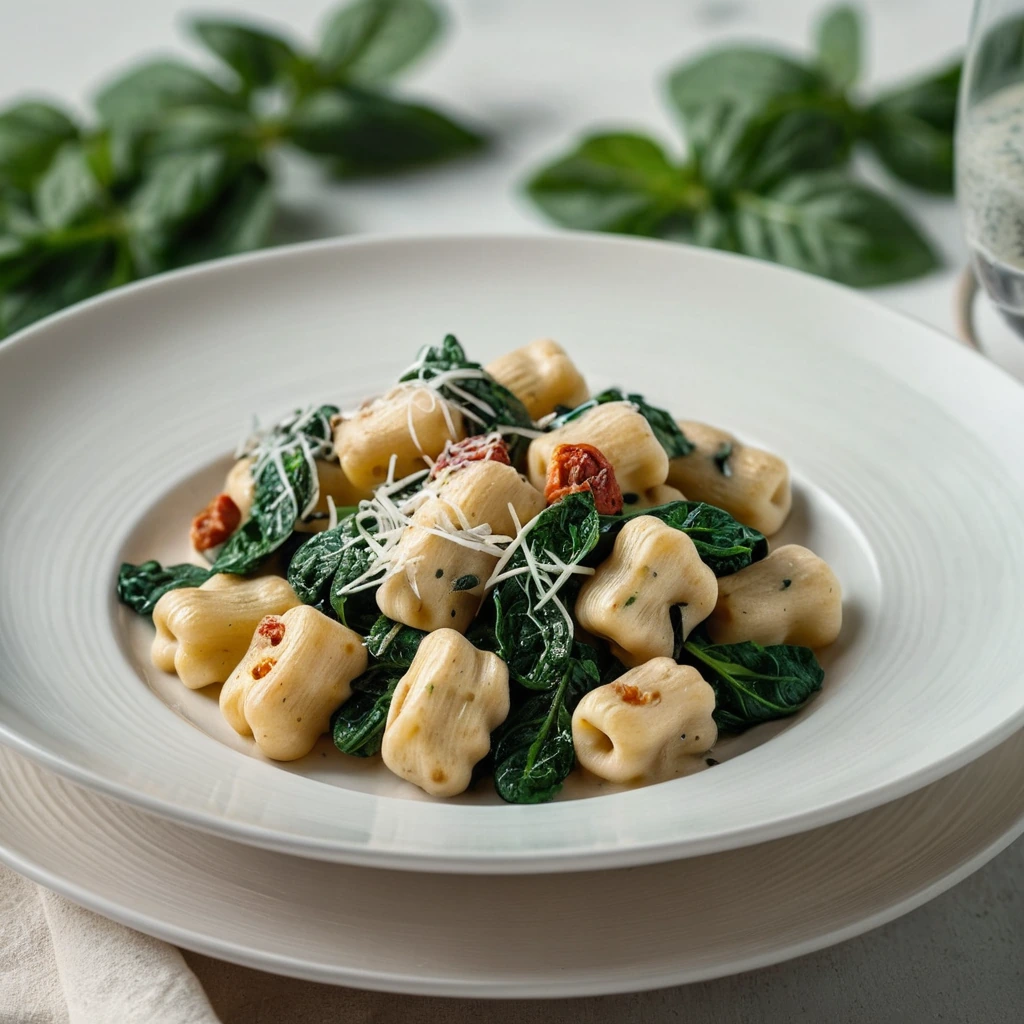 Golden gnocchi with wilted spinach in a creamy sauce, sprinkled with sun-dried tomato pieces.