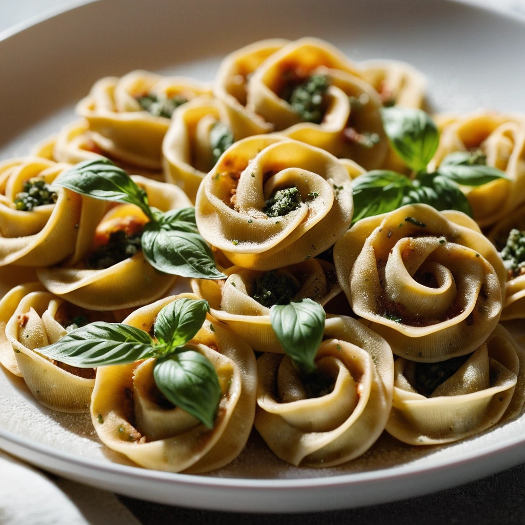 Golden tortellini in a creamy red sauce with green basil swirls, garnished with grated Parmesan.