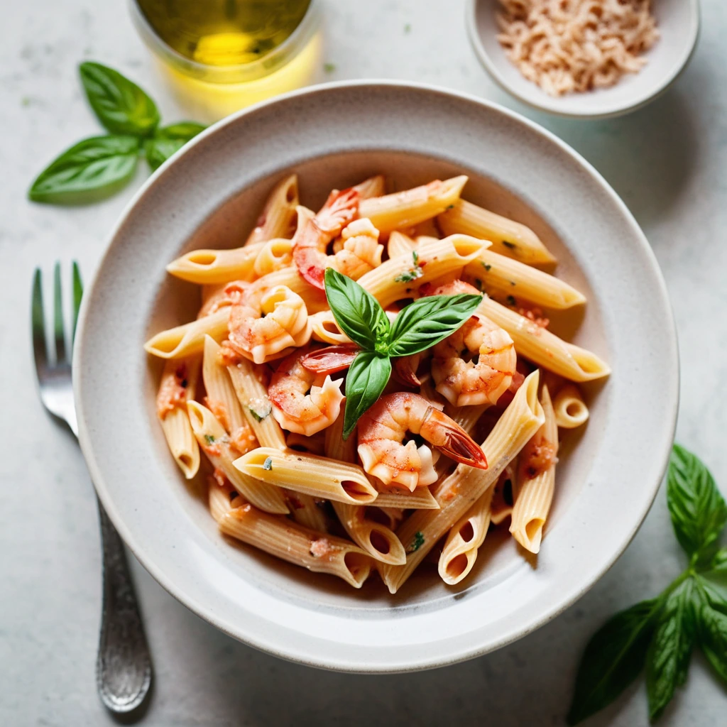Golden penne pasta twirled with creamy pink sauce, plump shrimp, and vibrant sun-dried tomatoes in a shallow bowl.