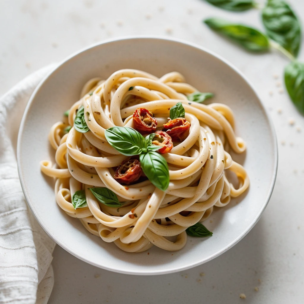 Golden pasta twirled on a white plate, dotted with red sun-dried tomatoes and topped with fresh basil leaves.