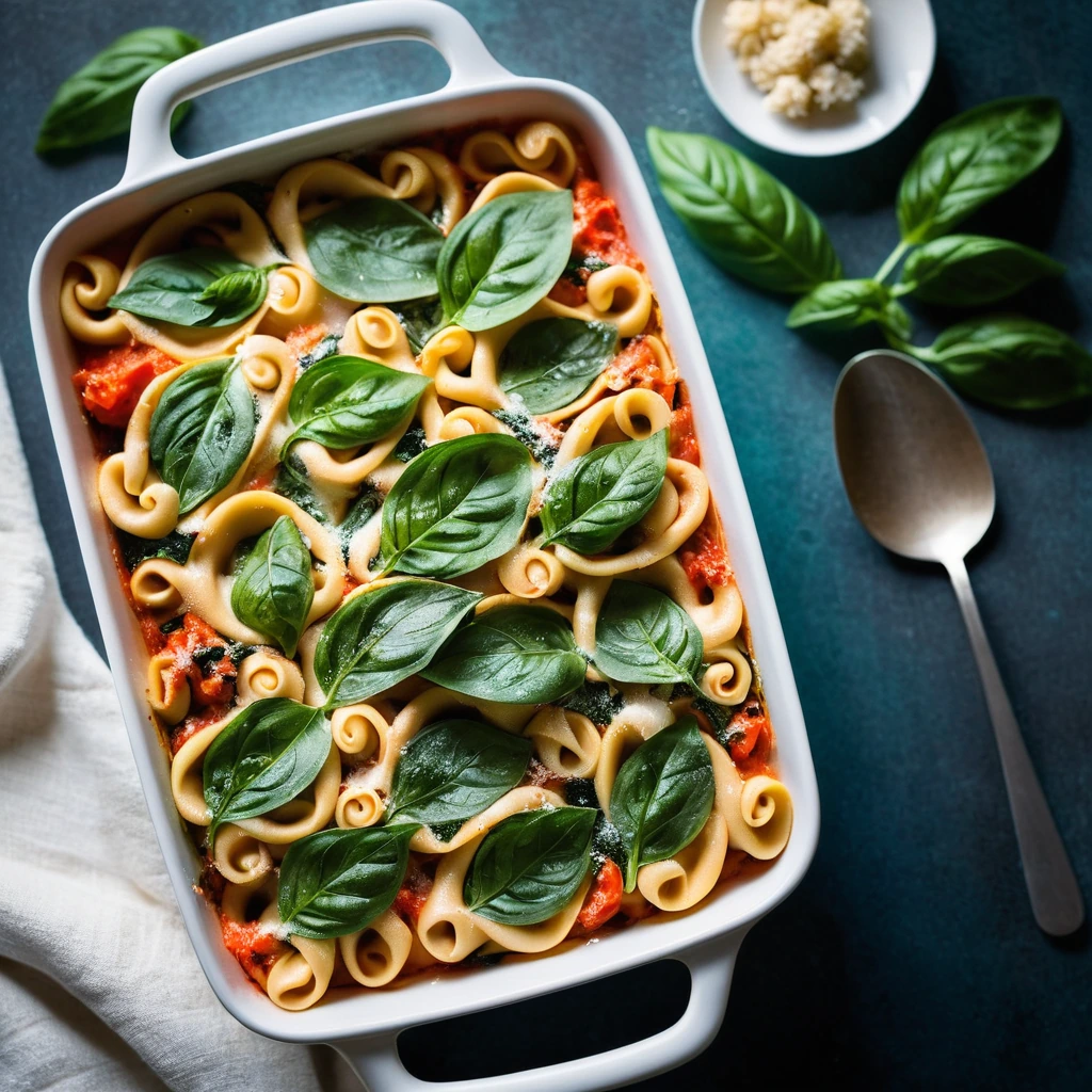 Golden-brown bubbly pasta bake in a rectangular dish, topped with melted cheese and fresh basil.