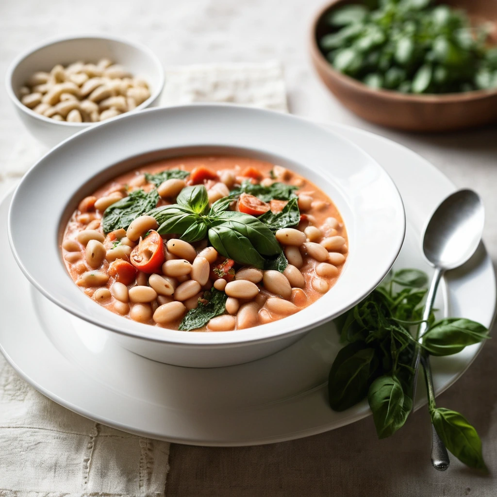 Steaming bowl of creamy stew with white beans and chunks of tomato, sprinkled with fresh basil.