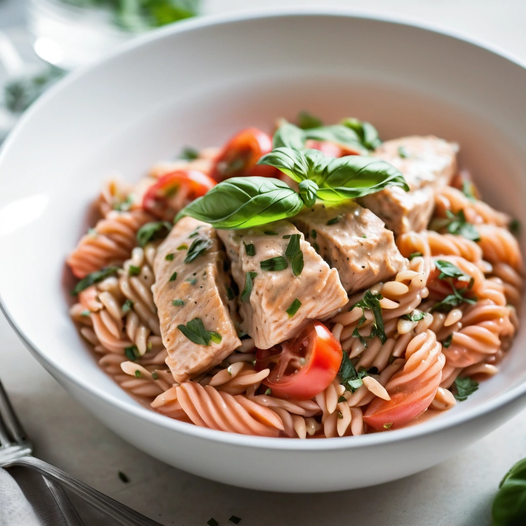 Creamy tomato sauce with chicken and orzo in a white bowl, sprinkled with basil.