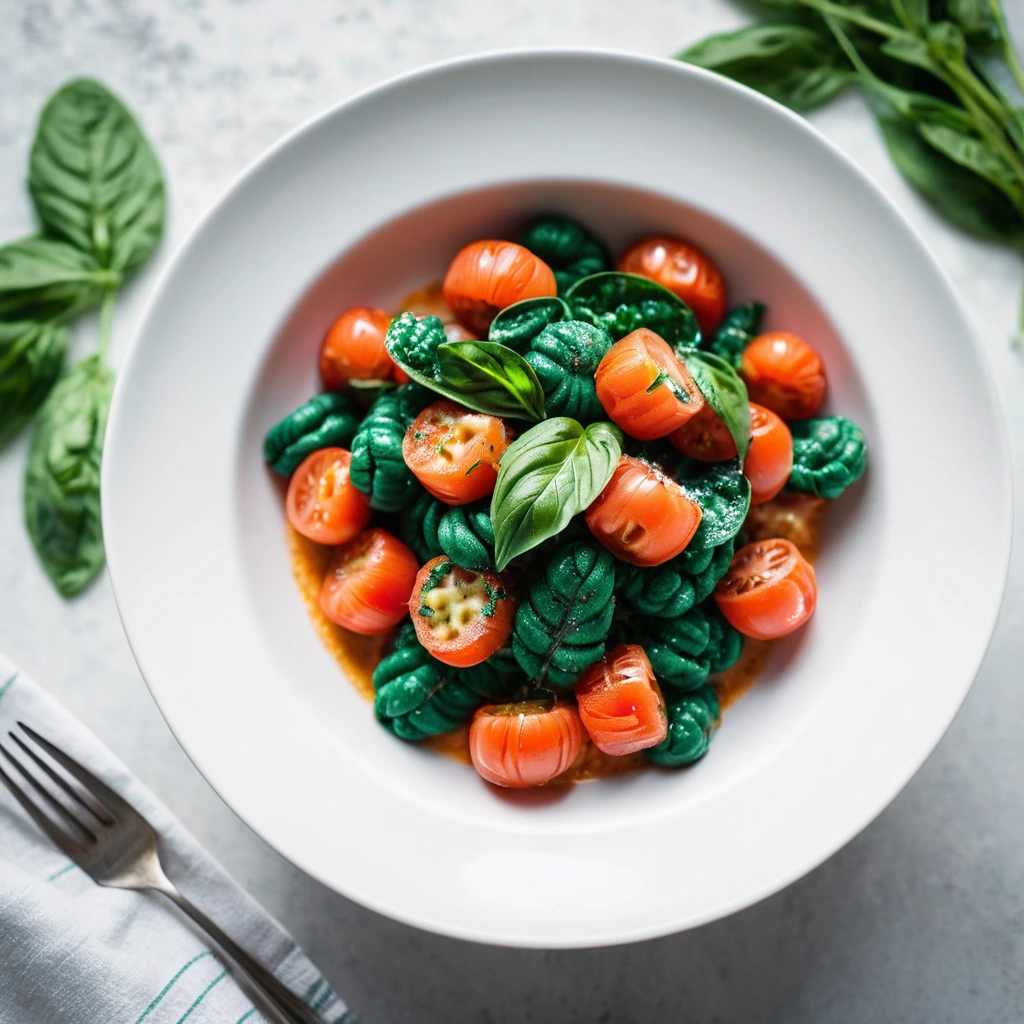 Gnocchi in a creamy tomato sauce with vibrant green spinach in a white bowl