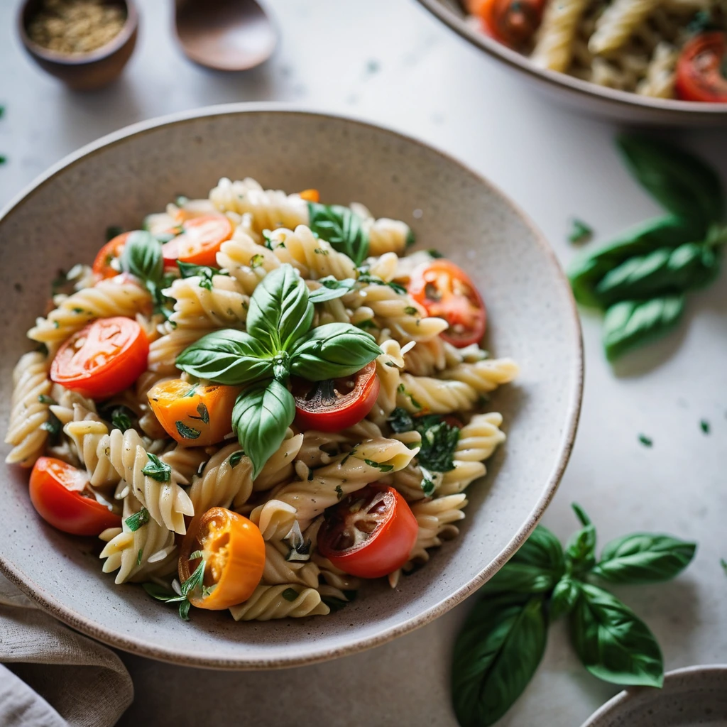 Golden roasted vegetables over creamy, saucy orzo in a rustic bowl with fresh basil leaves.