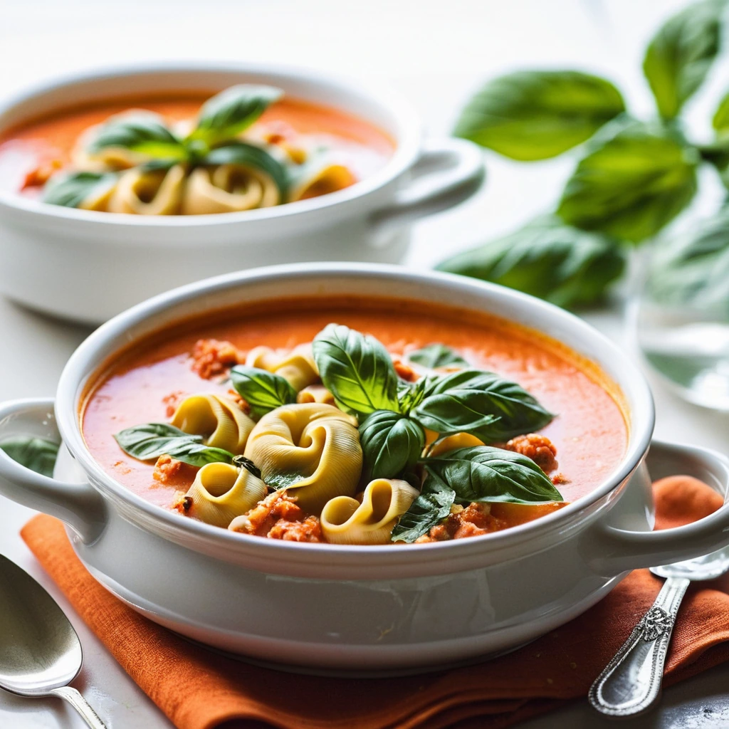 Baked creamy tomato soup with tortellini and basil, topped with melted cheese and breadcrumbs in a bubbling casserole dish.