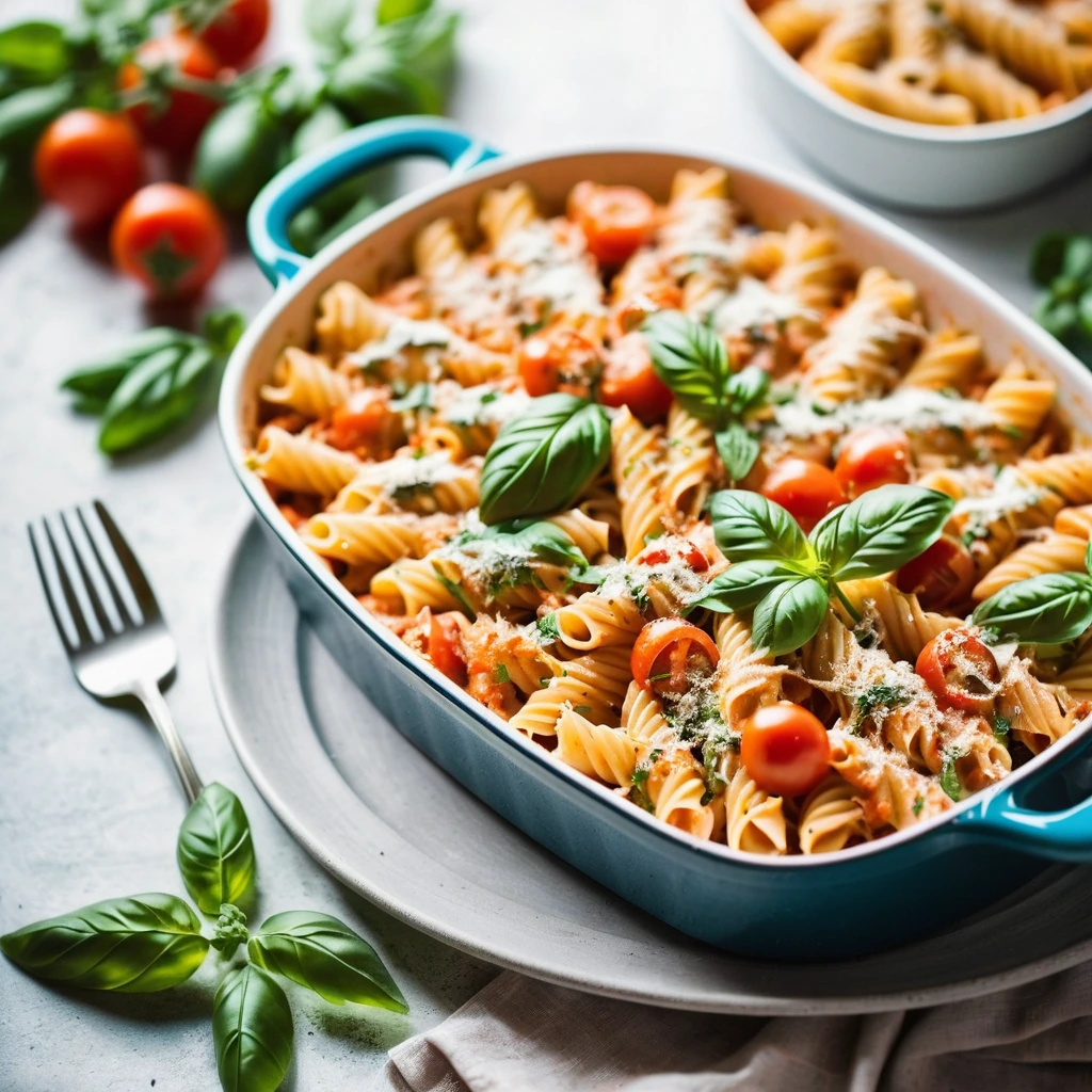 Golden bubbly pasta bake in a casserole dish, garnished with fresh basil.