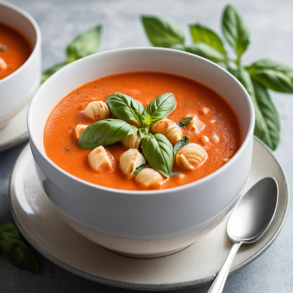 Steamy bowl of creamy tomato soup with gnocchi and fresh basil leaves