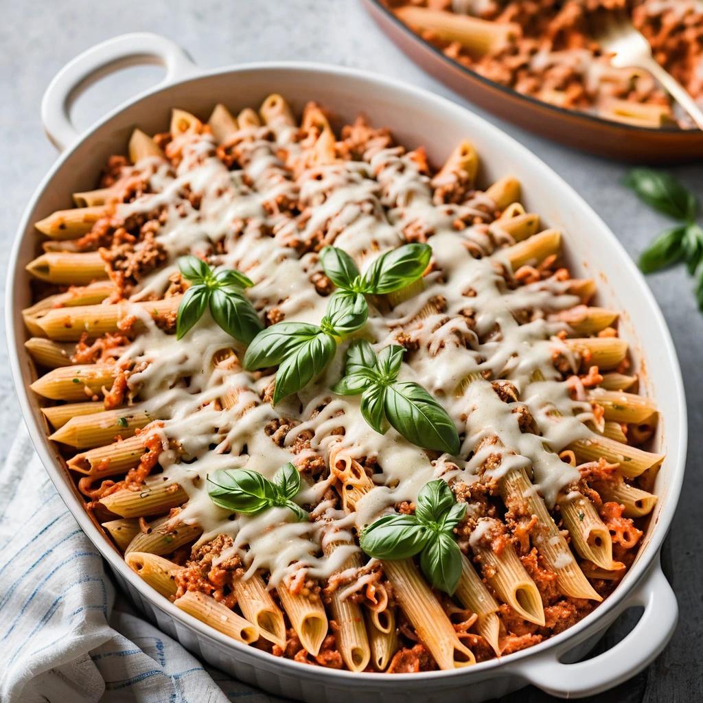 Golden-brown bubbly penne pasta topped with melted cheese in a casserole dish