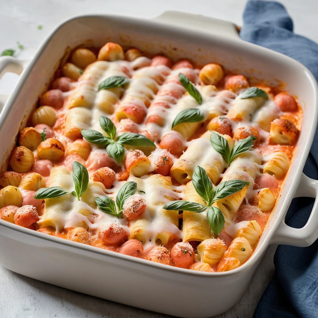 Baked dish with creamy tomato sauce, gnocchi, ham, and melted cheese on top.