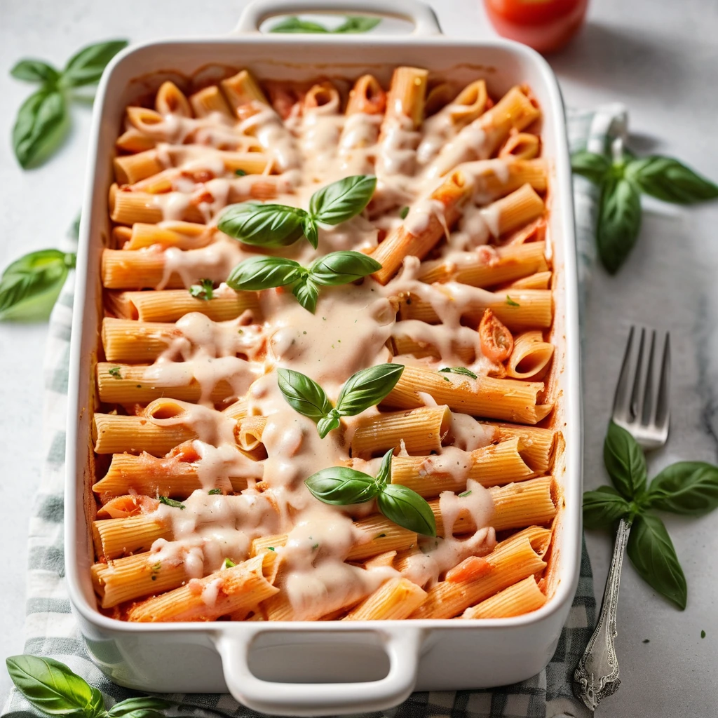 Golden bubbly penne bake in a rectangular dish, rich tomato sauce with melted cheese on top.