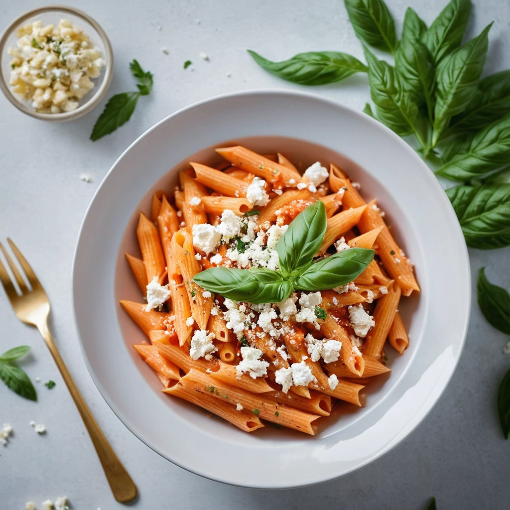 Penne pasta in a creamy orange sauce with feta crumbles and fresh herbs on top.