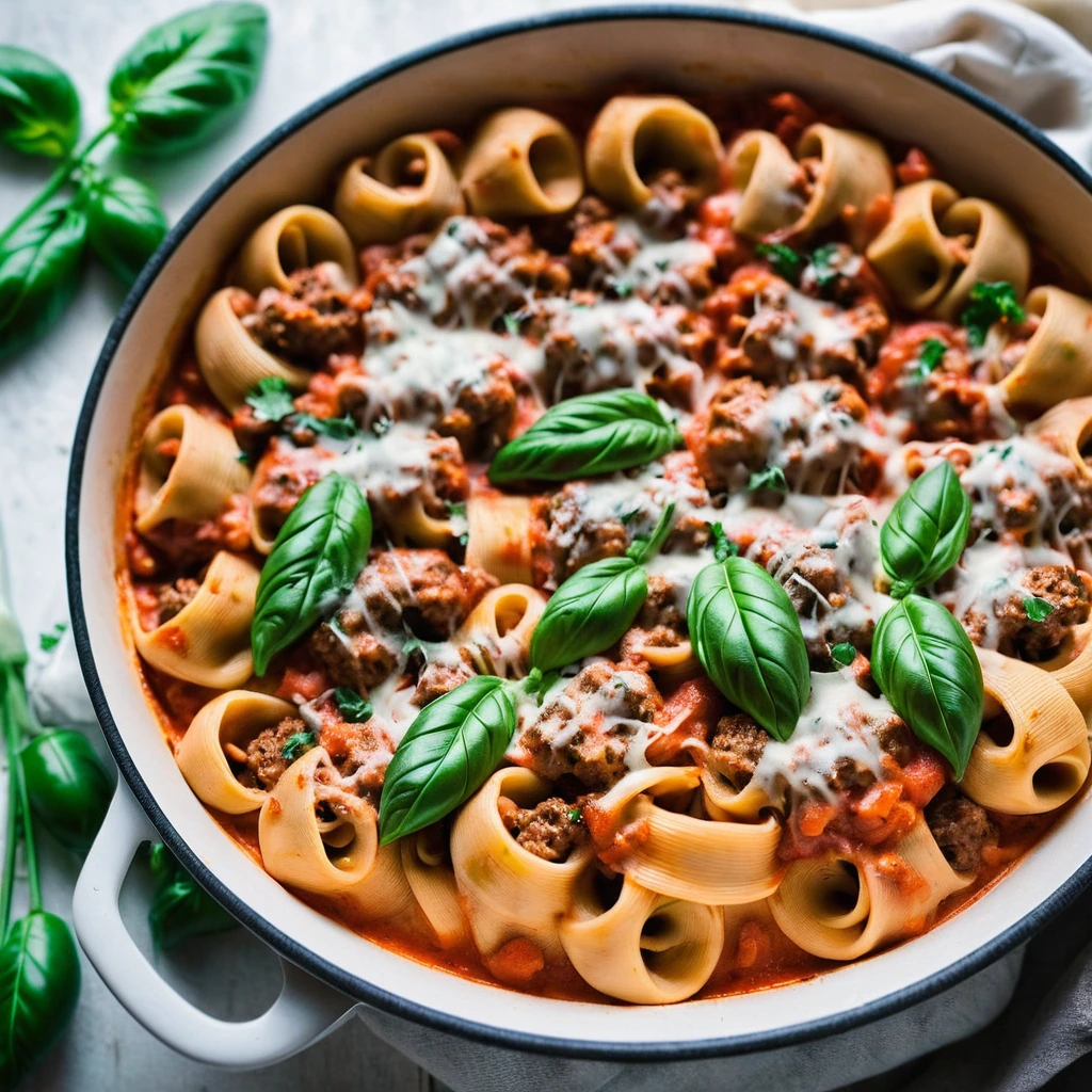 Baked tortellini casserole with Italian sausage in a creamy tomato sauce, topped with melted cheese.