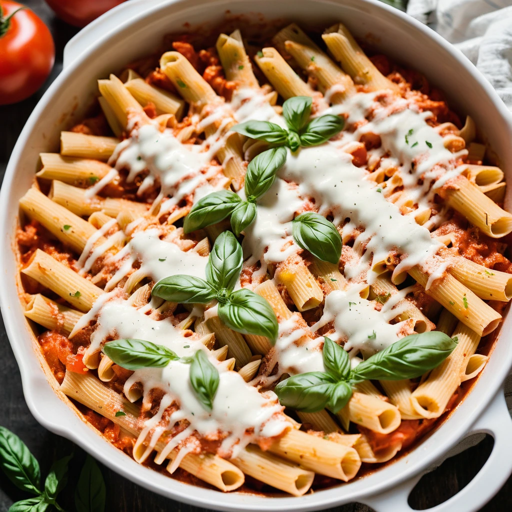 Golden bubbly casserole dish filled with penne pasta in a red sauce topped with melted mozzarella cheese.