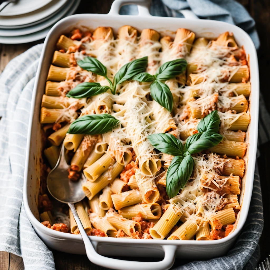 golden bubbly casserole dish with layers of pasta, turkey, and melted cheese on top