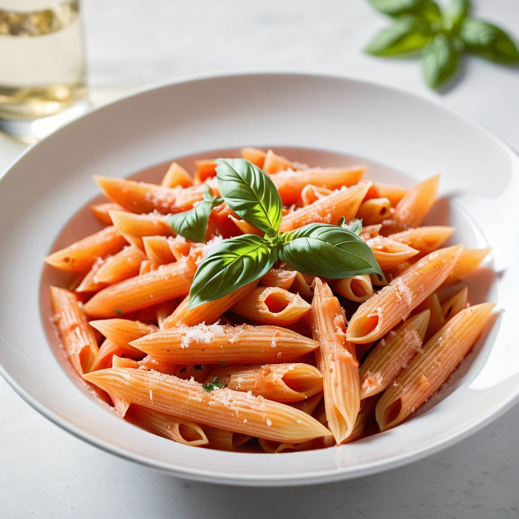 Penne pasta in a creamy red sauce, topped with fresh basil leaves, served in a white bowl.