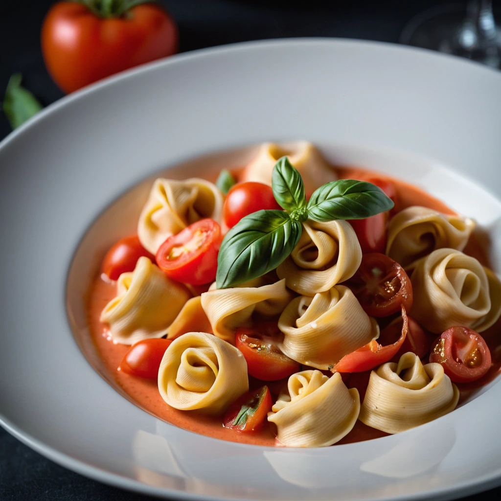 Creamy pink sauce coats golden tortellini in a shallow pasta bowl, garnished with fresh basil.