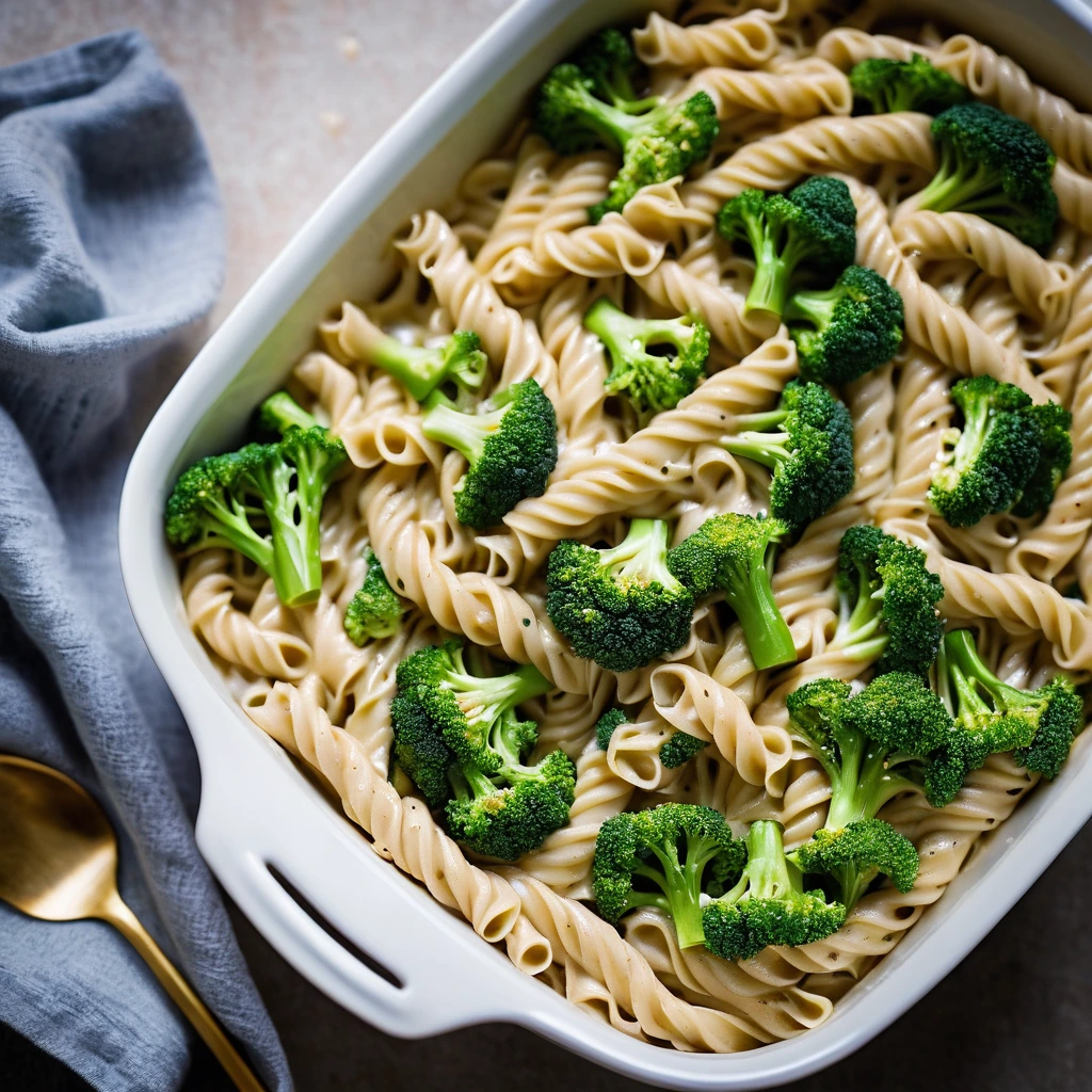A golden-brown casserole in a baking dish with a creamy surface, filled with broccoli florets and noodles.
