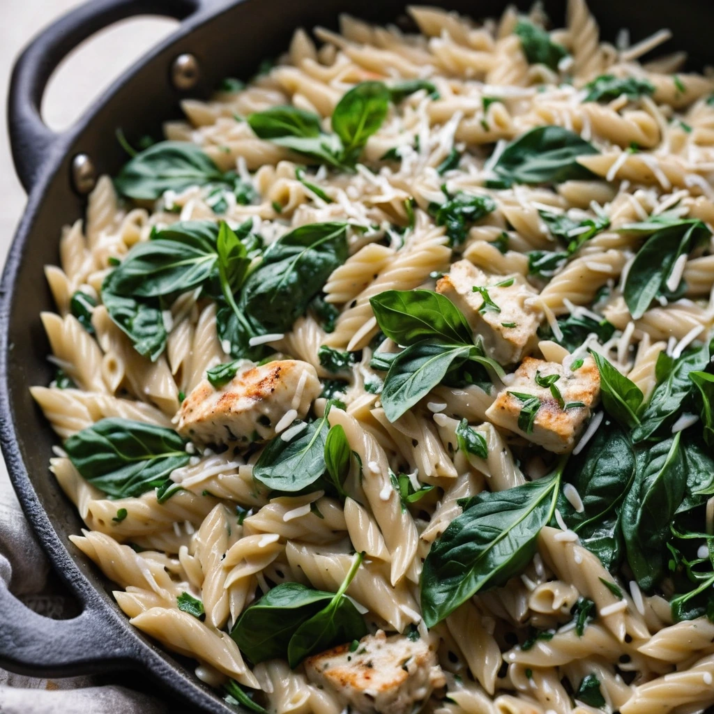 Golden orzo and juicy chicken pieces in a creamy white sauce, topped with vibrant spinach and grated Parmesan in a skillet.