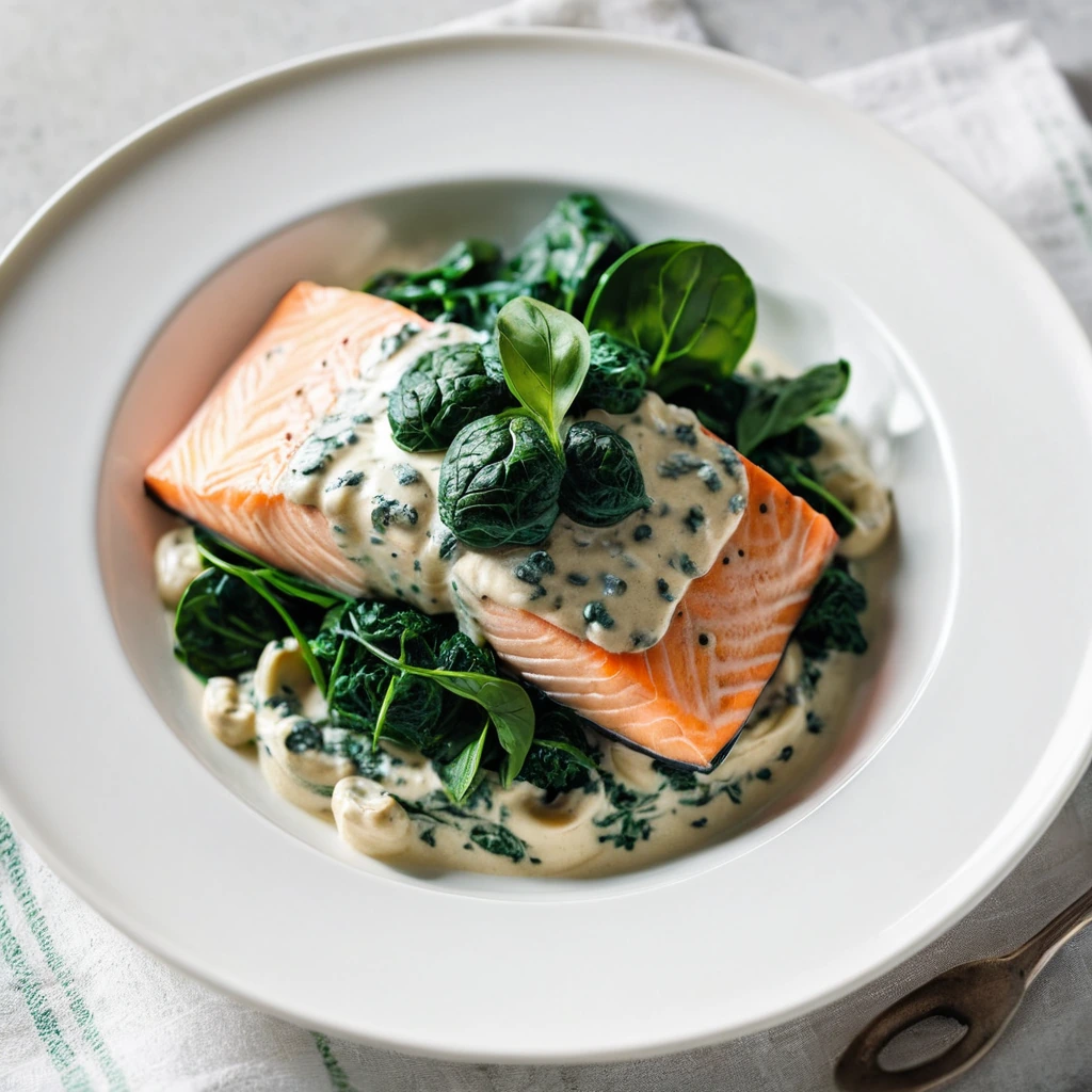 Plated salmon over spinach in a creamy white sauce, sprinkled with fresh parsley.