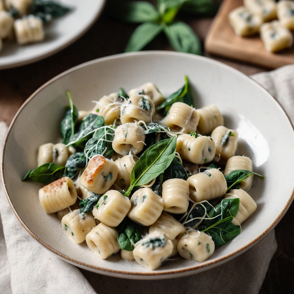 Golden gnocchi in creamy white sauce with green spinach and crumbled Italian sausage served in a rustic bowl.