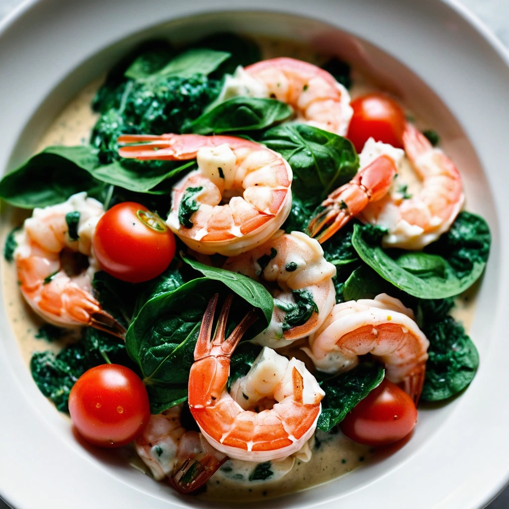 Shrimp in creamy sauce with spinach and tomatoes served in a white bowl