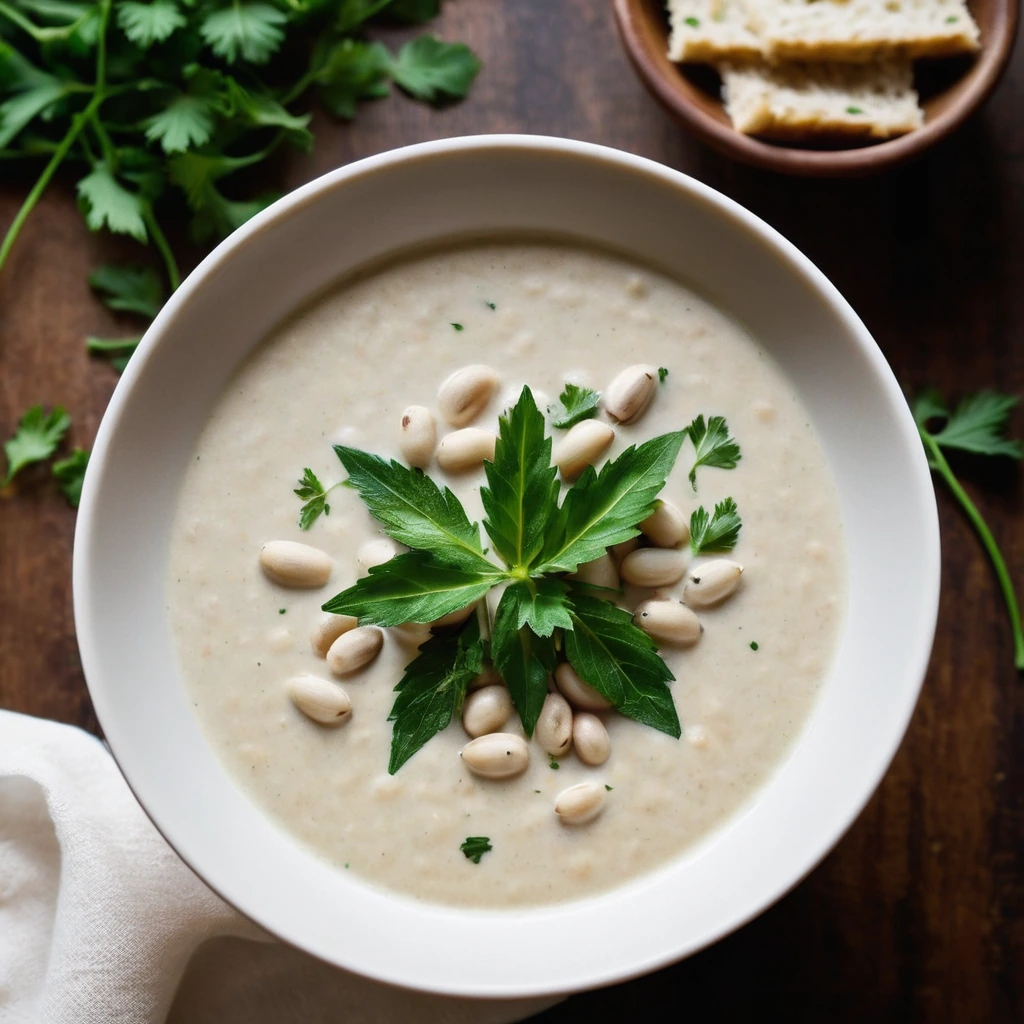 Creamy white soup in a rustic bowl garnished with fresh parsley.