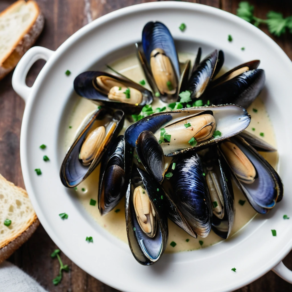 A steaming bowl of mussels in a creamy white sauce with golden garlic toast on the side