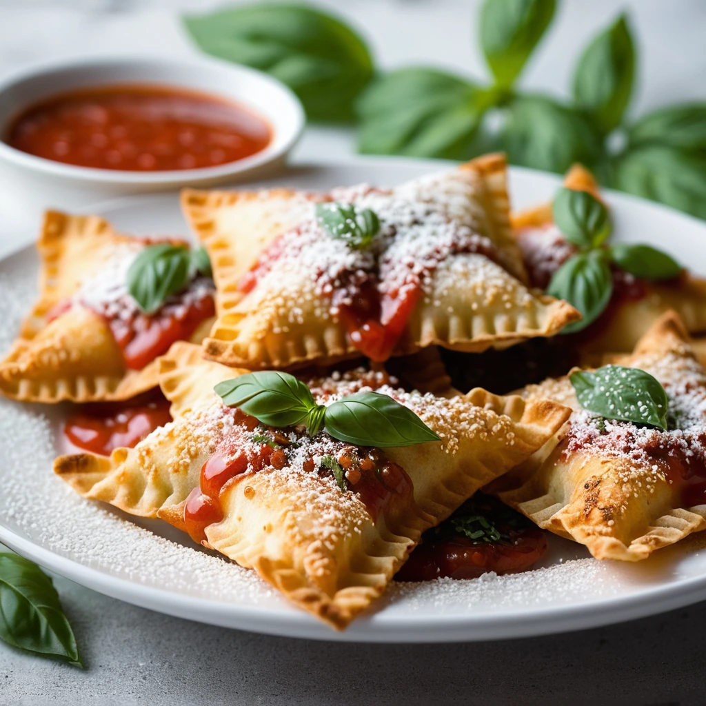 Golden brown ravioli pieces in a pile on a white plate with red marinara sauce drizzled over the top and a sprinkle of fresh basil.