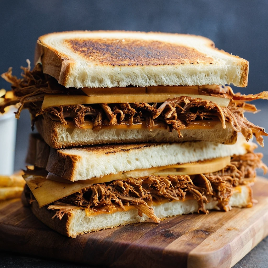 Grilled cheese sandwich oozing with melted cheddar and smoky pulled pork, golden and crispy on the outside.