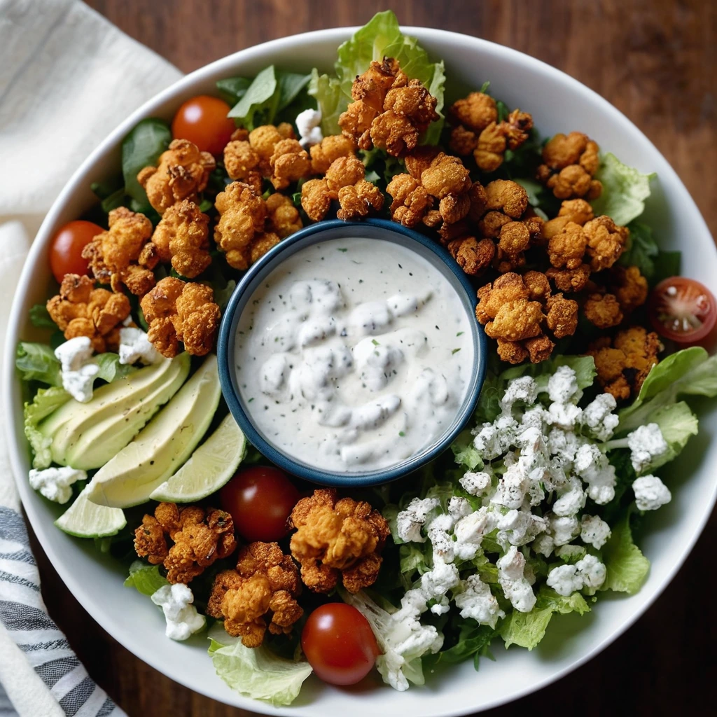 Colorful salad bowl with golden crispy cauliflower pieces, shredded lettuce, cherry tomatoes, and a drizzle of creamy white ranch dressing.