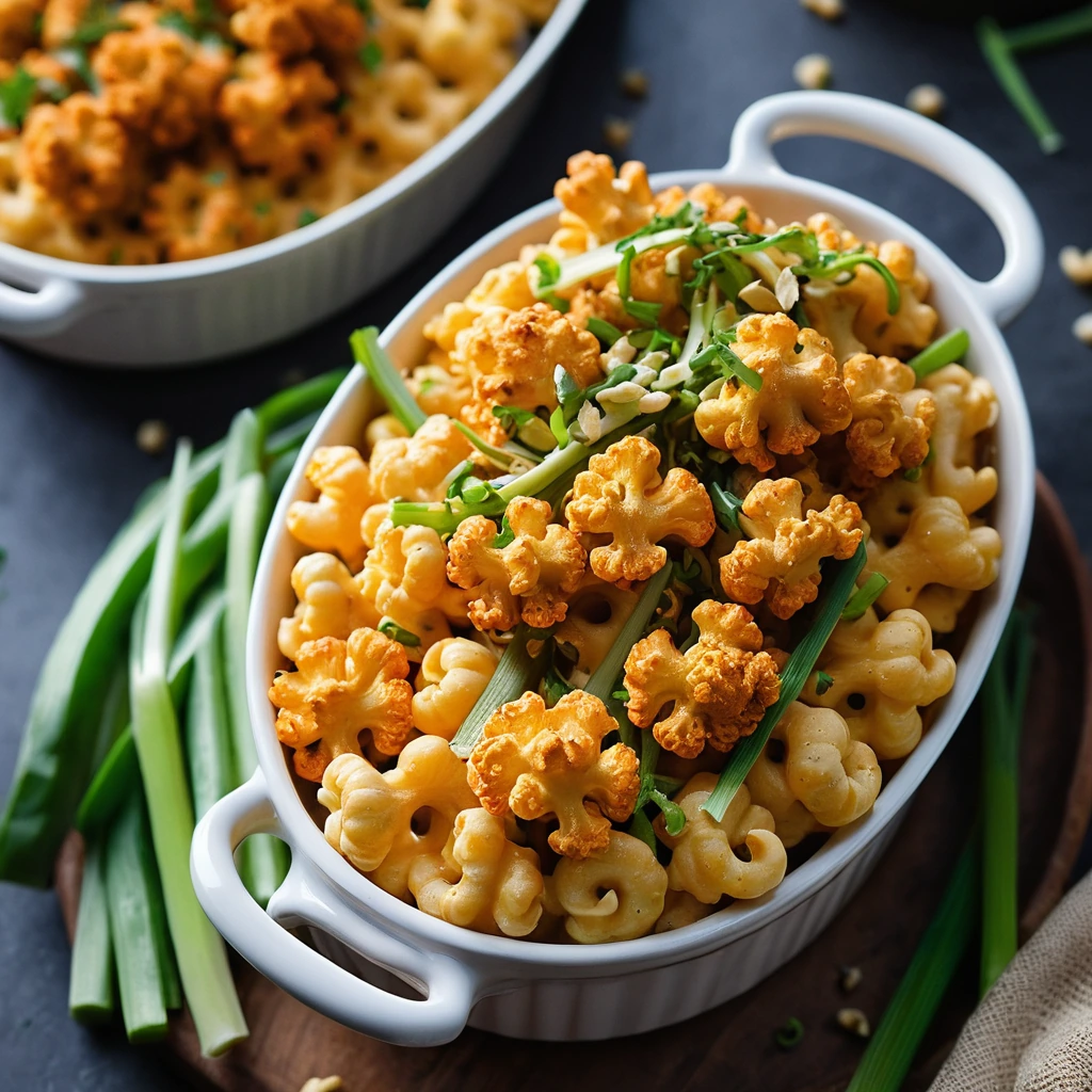 Baked mac and cheese with golden, crispy cauliflower florets on top, sprinkled with green scallions.