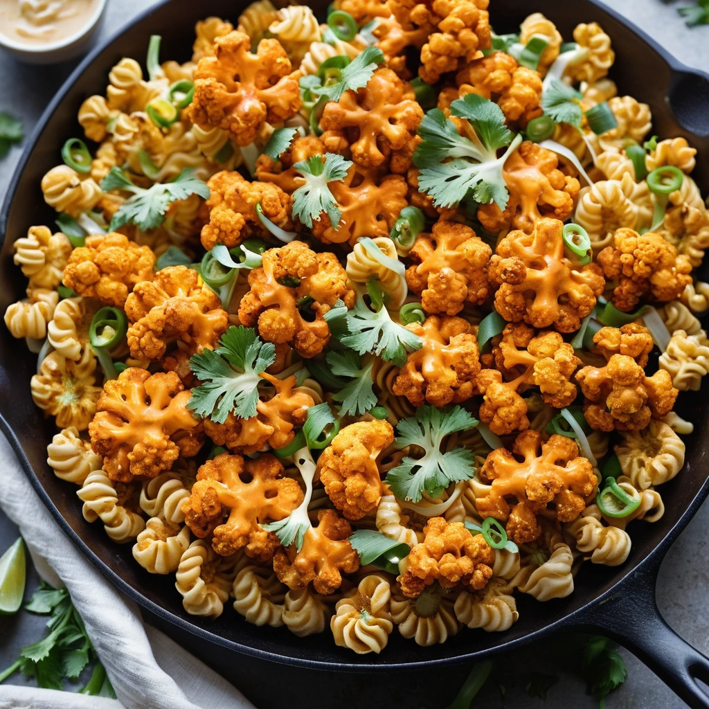 Golden crispy cauliflower florets and pasta in a skillet with a bubbly orange cheese sauce, sprinkled with green onions.