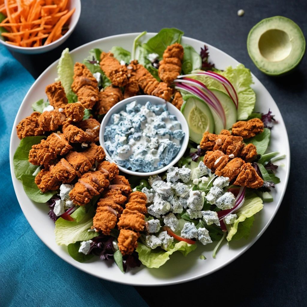 Colorful salad bowl with crispy chicken pieces, blue cheese crumbles, and a drizzle of buffalo sauce.