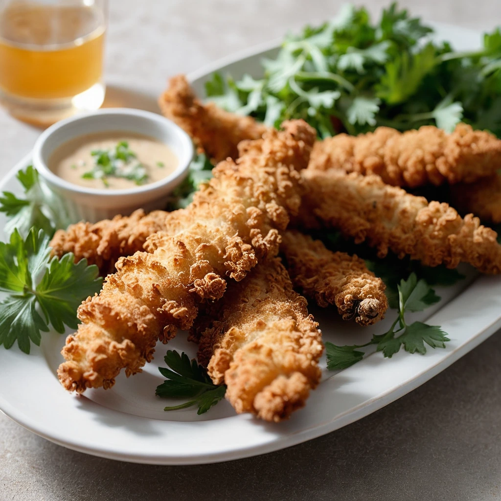 crispy golden brown chicken tenders arranged on a platter with fresh parsley garnish